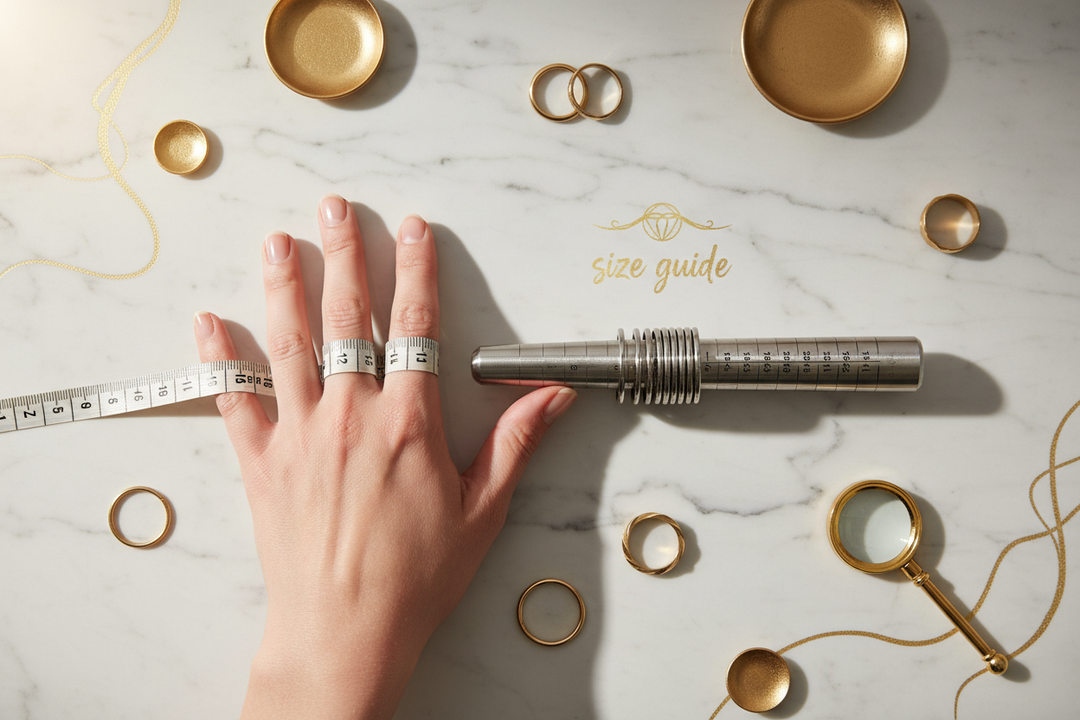 Hand wearing a ring next to a metal ring sizer, with gold jewellery pieces scattered on a marble surface — Élan d'Or ring size guide