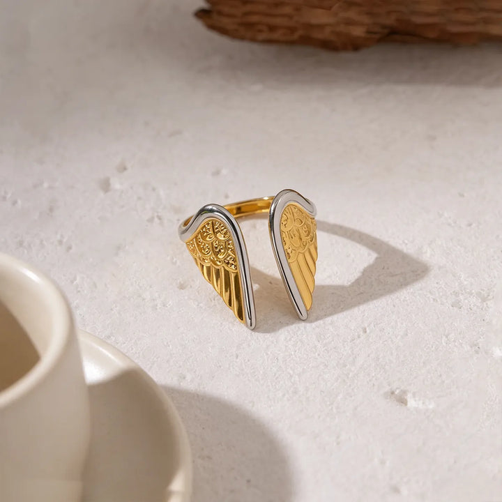 Wing Duo Two-Tone Open Ring — Textured Feather Design