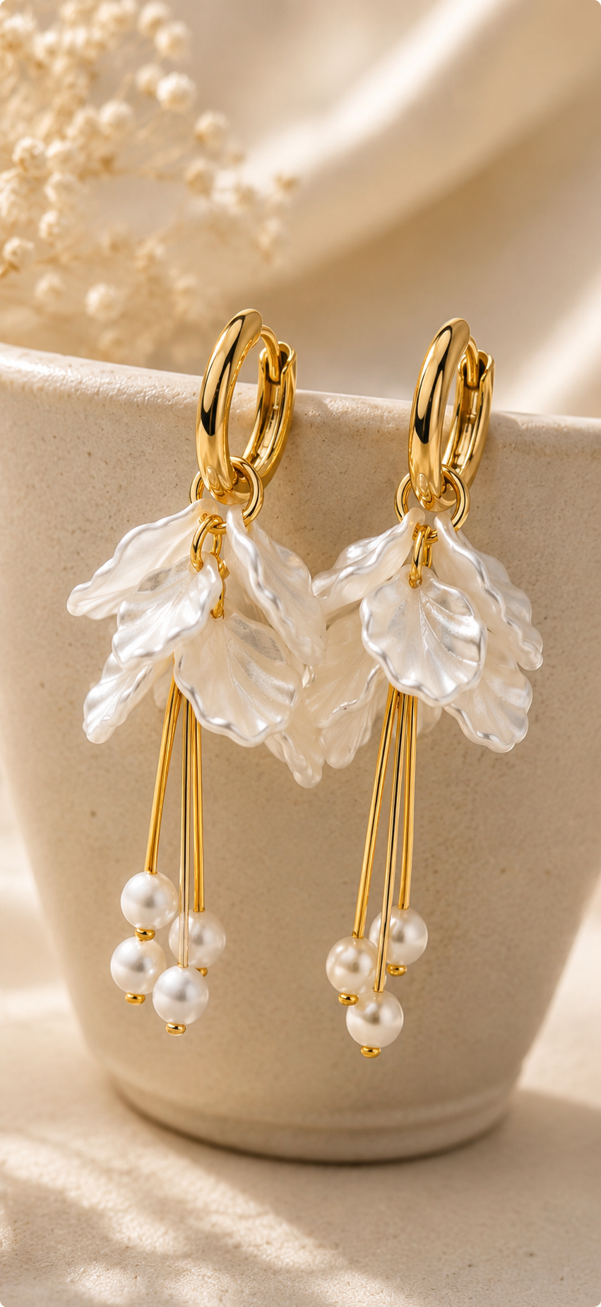 A pair of gold hoop earrings with layered white pearl flower charms and dangling pearl beads, displayed on a beige ceramic cup.