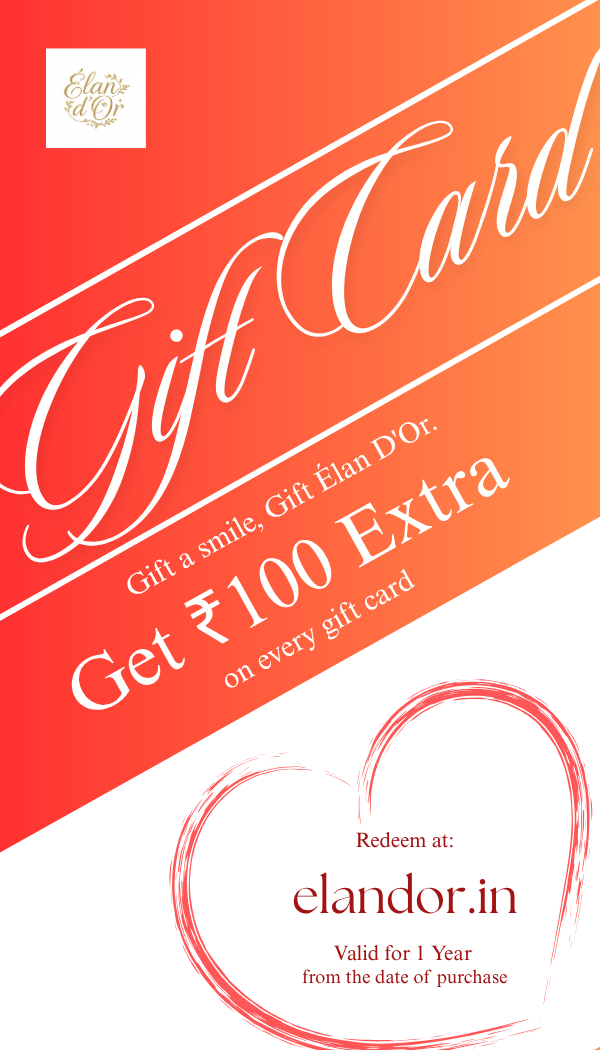 A red and orange gift card design with white script text reading 'Gift Card' and 'Get ₽50 Extra on every gift card.' A small 'Elan's Dr.
