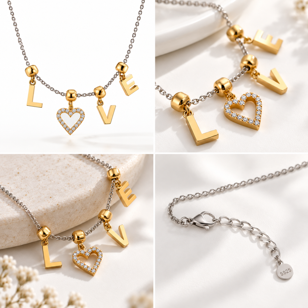 LOVE Letter Charm Necklace – Two-Tone Gold &amp; Silver Pave Heart Pendant