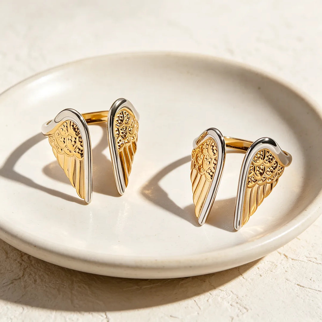 Wing Duo Two-Tone Open Ring — Textured Feather Design