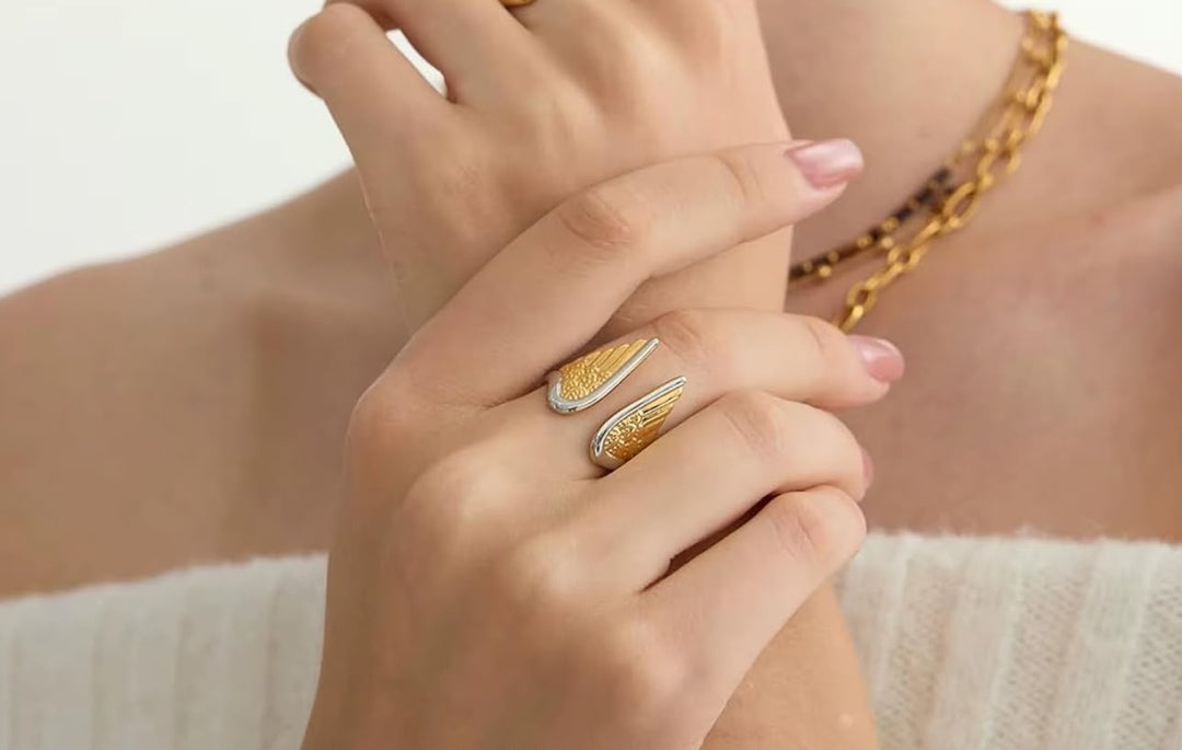 Wing Duo Two-Tone Open Ring — Textured Feather Design