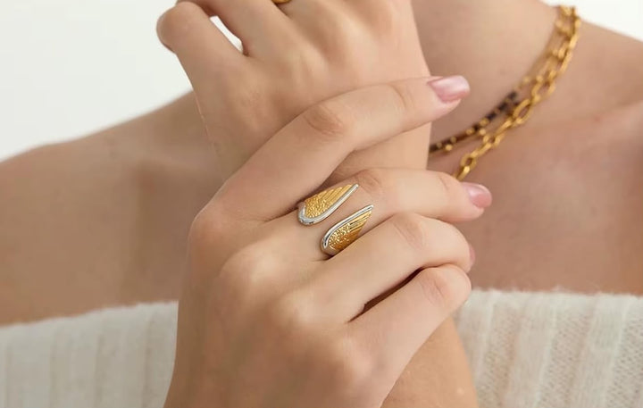 Wing Duo Two-Tone Open Ring — Textured Feather Design