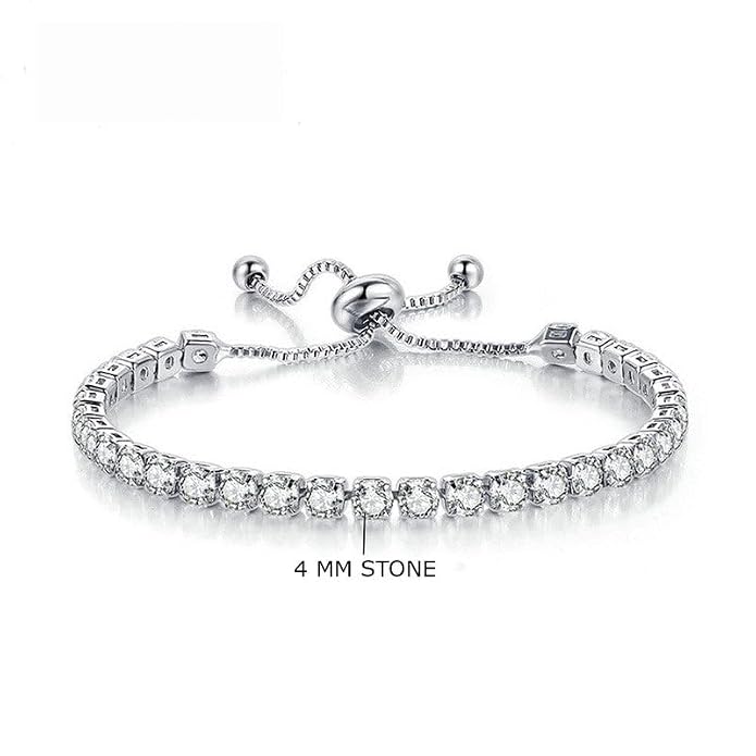 A silver-toned tennis bracelet with clear round stones, featuring an adjustable sliding clasp and a text overlay indicating &