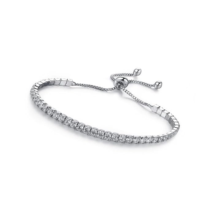 A silver-toned adjustable bracelet featuring a row of clear stones along the front band, with a sliding chain closure and bead slider, shown on a plain white background.