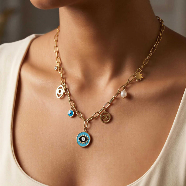 Necklace with various charms worn by a person