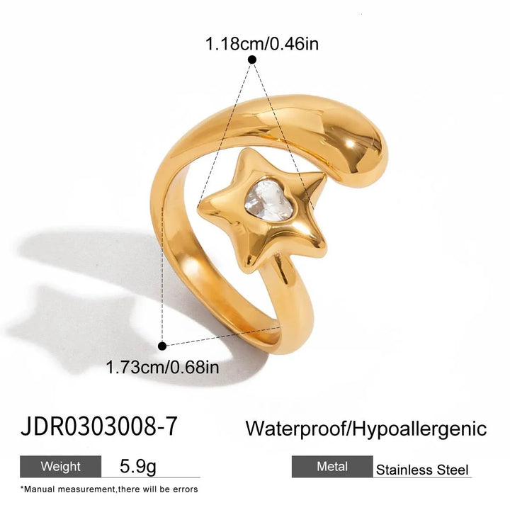 Gold ring with star design and measurements on a white background