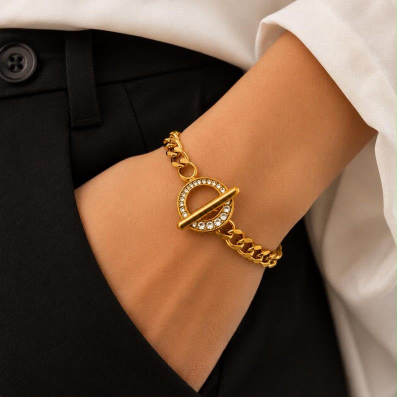 Pavé Toggle Curb Chain Bracelet | Gold Chunky Bracelet