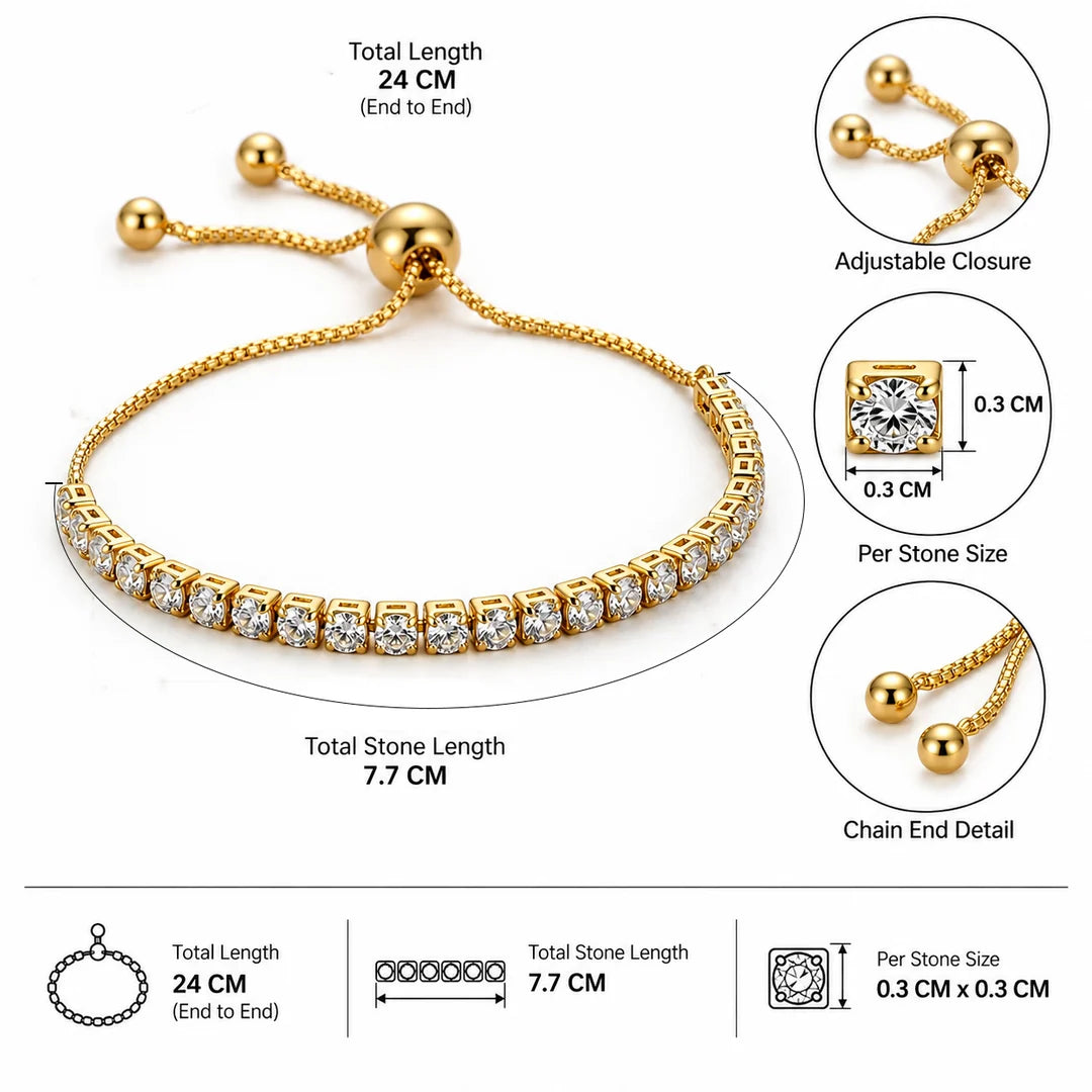 Gold adjustable chain bracelet with a row of clear cubic zirconia stones, shown with dimension annotations for total length 24 cm, stone length 7.7 cm, and per stone size 0.