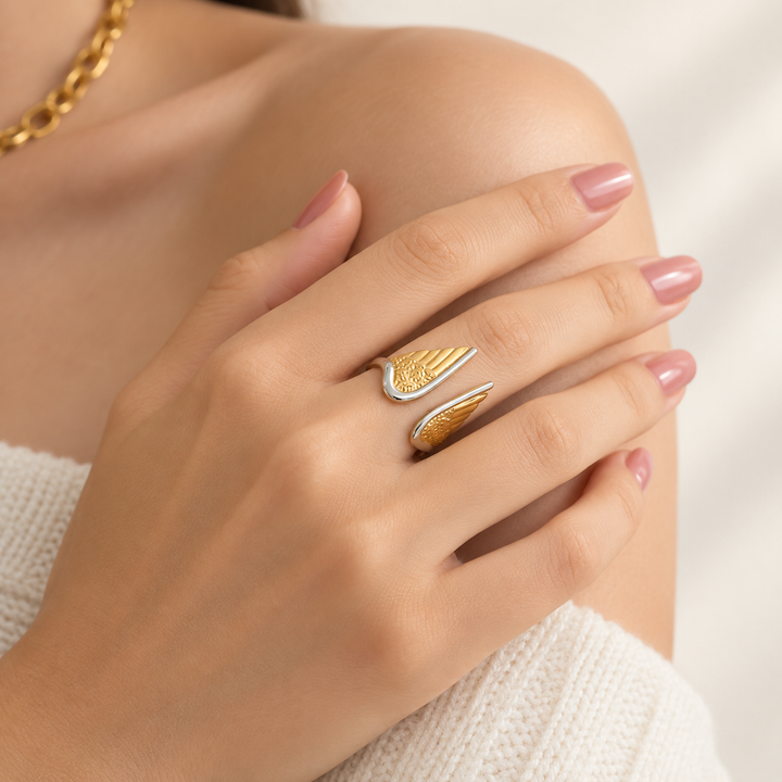 Wing Duo Two-Tone Open Ring — Textured Feather Design