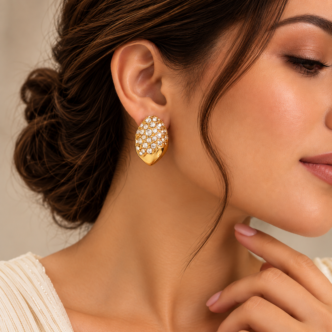 Pavé Crystal Dome Stud Earrings — Chunky Gold Statement Studs