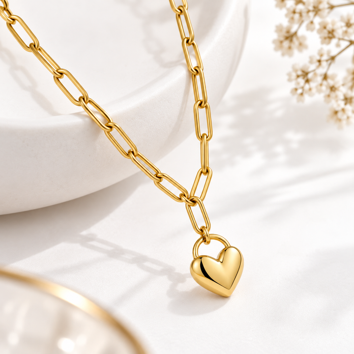 Puffed Heart Paperclip Chain Necklace — Gold Lock Pendant