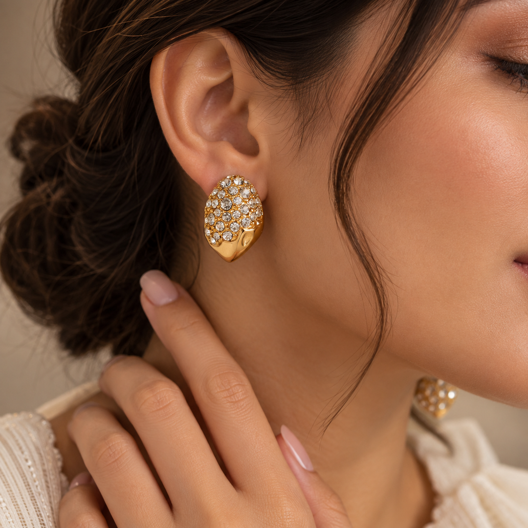 Pavé Crystal Dome Stud Earrings — Chunky Gold Statement Studs