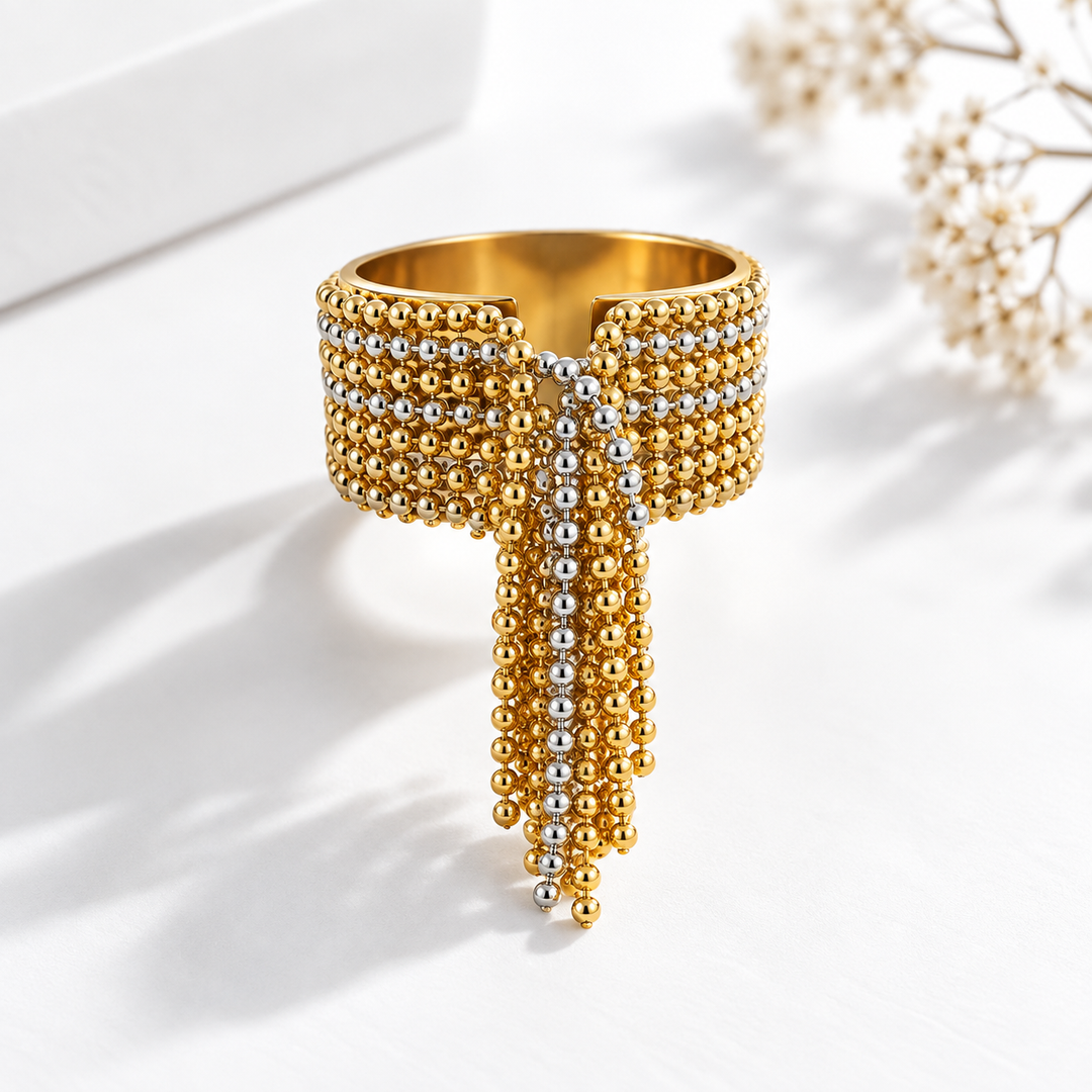 Beaded Fringe Cuff Ring – Gold Tassel Statement Band