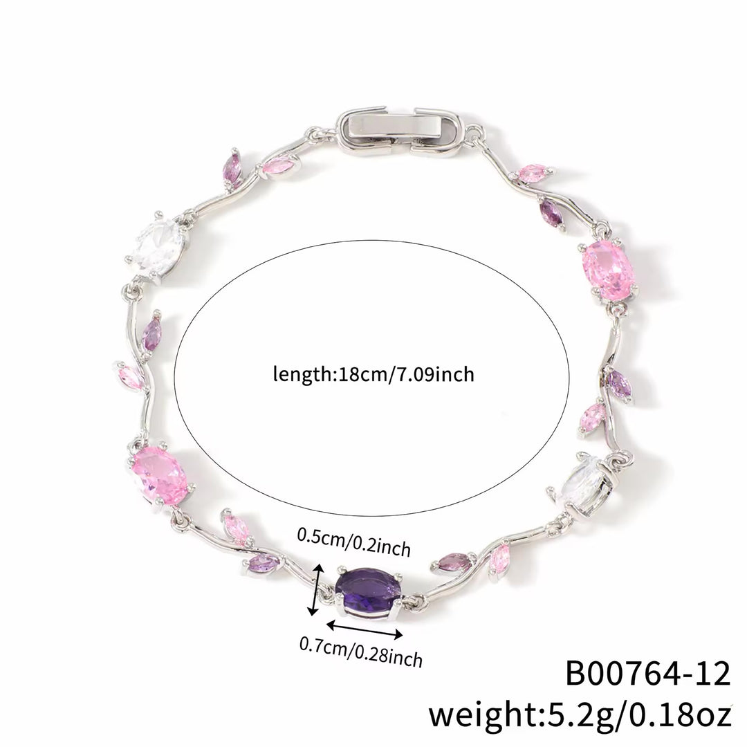Silver bracelet with pink and purple gemstones and measurements on a white background