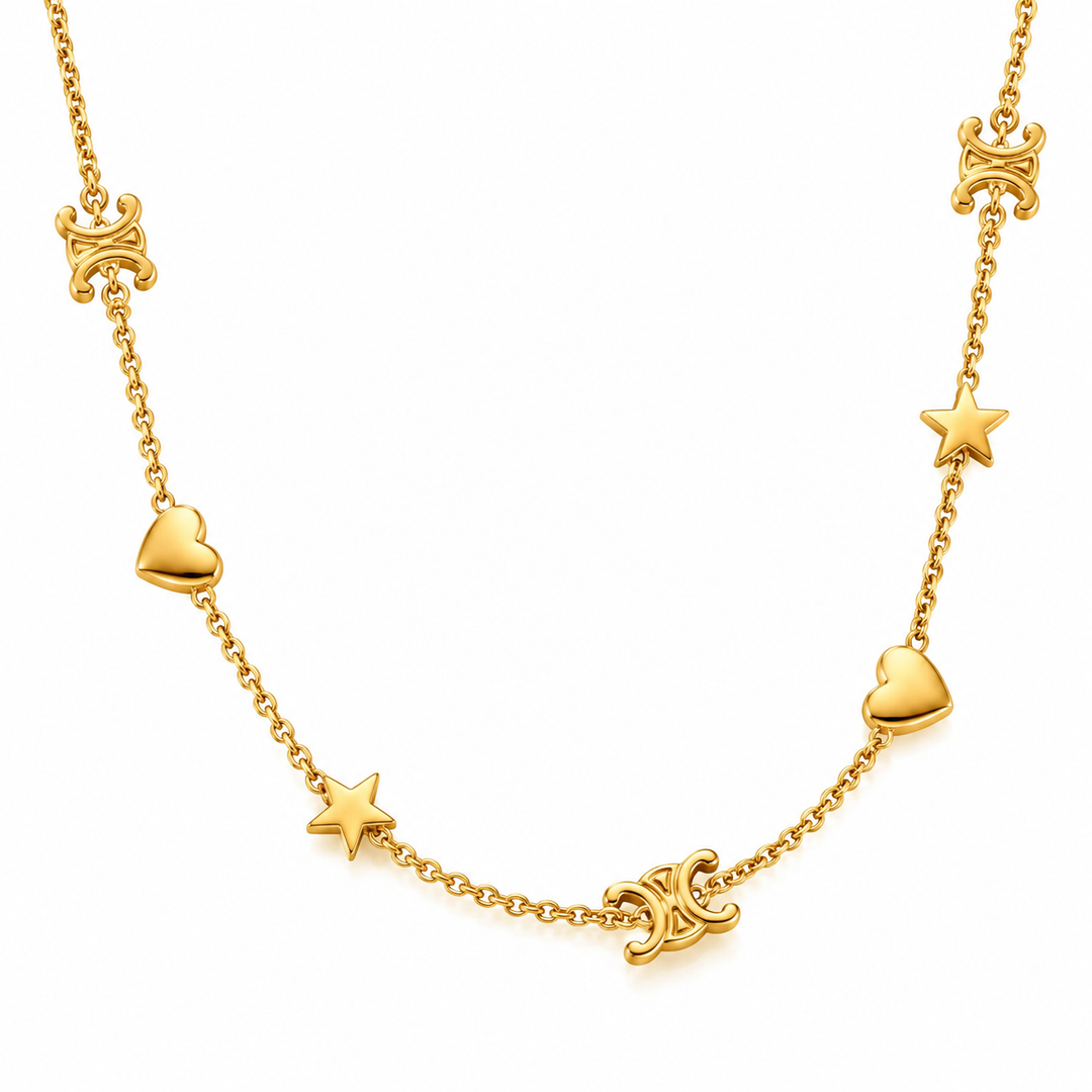 A gold chain necklace featuring alternating heart and star charms, with a central triple-C logo charm, displayed on a clean white background.