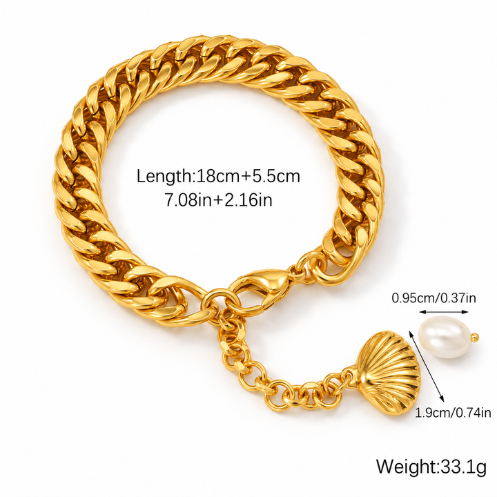 Gold-tone chain bracelet with a shell-shaped charm and a single white pearl, shown on a white background with printed measurements and weight details.