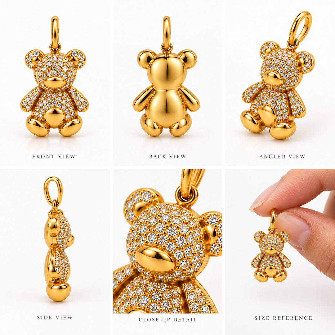 Six-panel product collage showing a gold teddy bear pendant covered with clear stones from multiple angles, including front, back, angled, side, close-up detail, and size reference with a hand holding a smaller view.