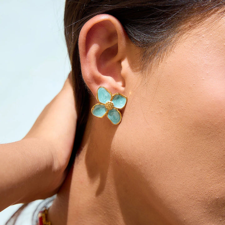 Aqua Petal Enamel Stud Earrings