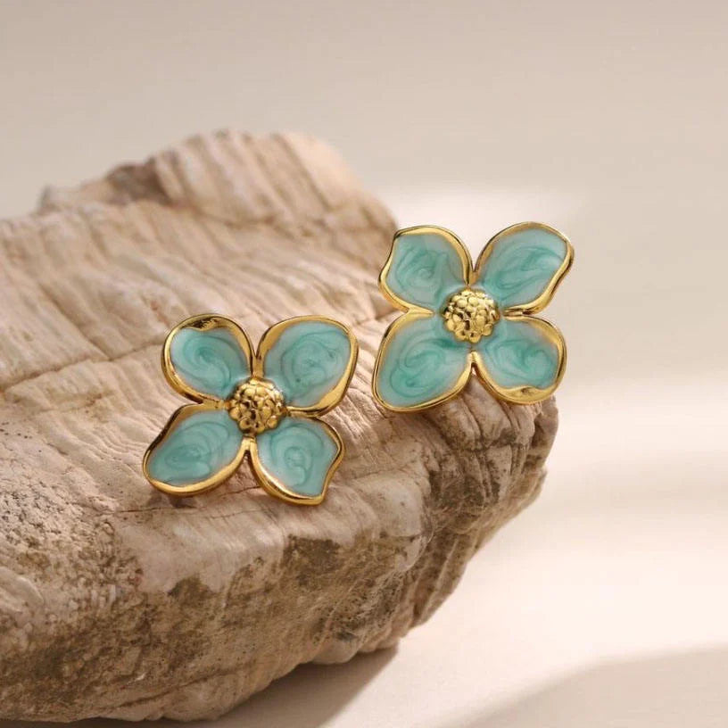 Aqua Petal Enamel Stud Earrings
