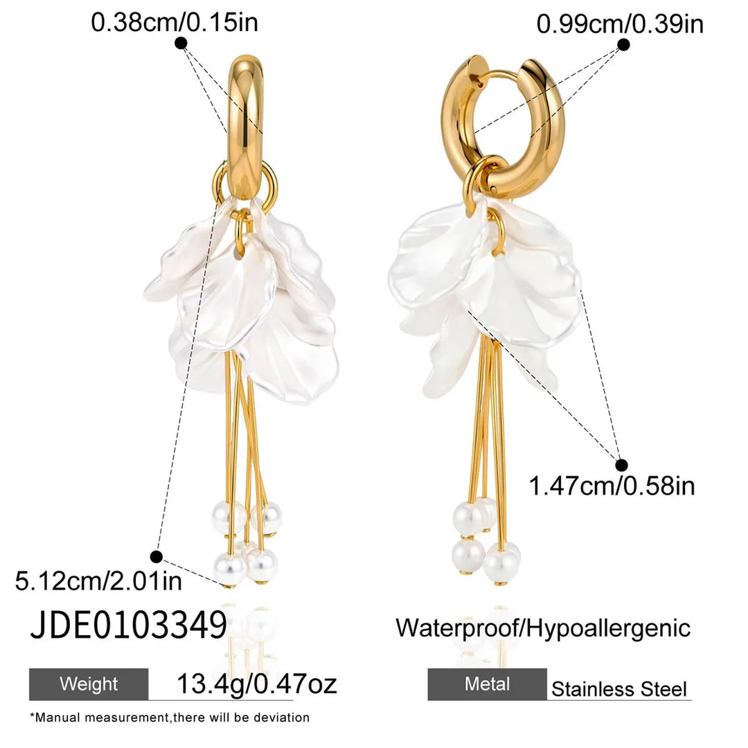Gold hoop earrings with white floral and pearl details, showing measurements and product information.