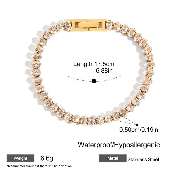 Gold and white beaded bracelet with measurements and material details on a white background