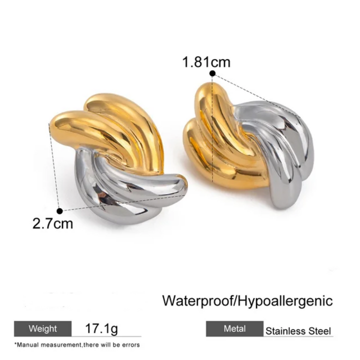 Gold and silver earrings with measurements and product details on a white background
