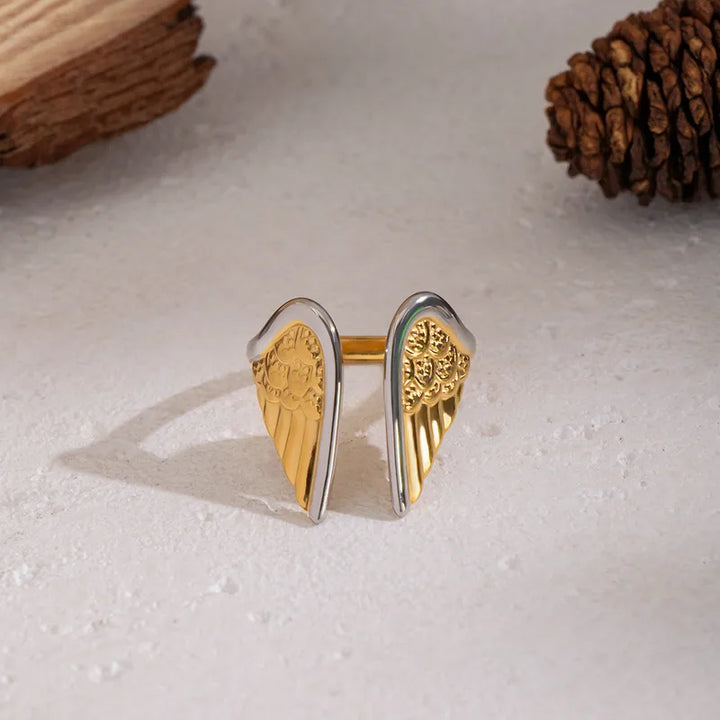 Wing Duo Two-Tone Open Ring — Textured Feather Design