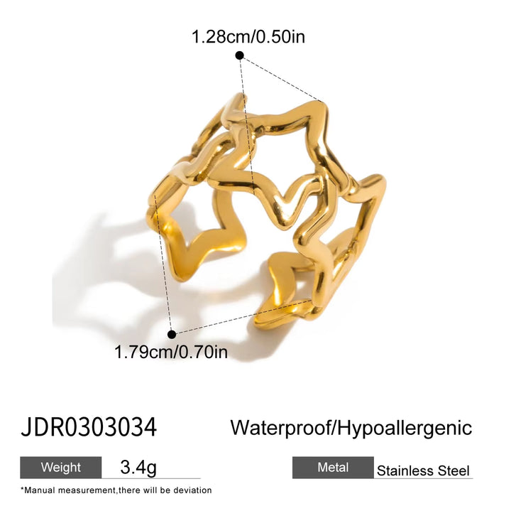 Gold-colored stainless steel star-shaped ring with dimension annotations showing 1.28cm/0.