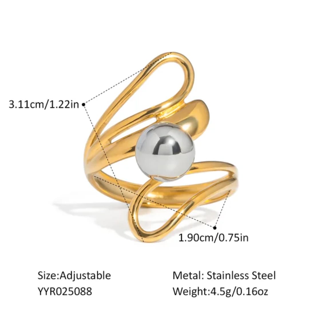 Gold and silver adjustable ring with measurements and product details on a white background