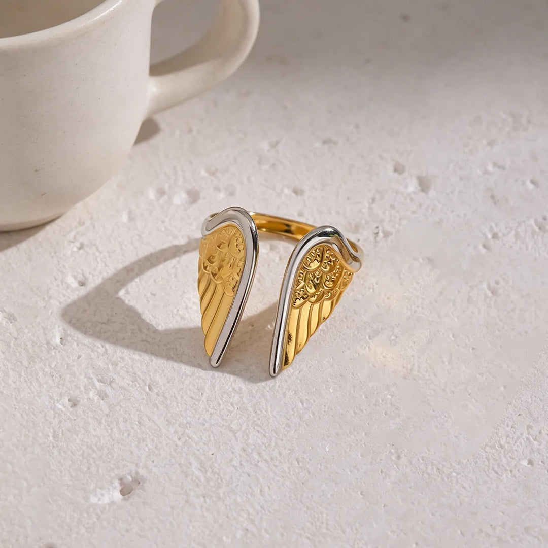 Wing Duo Two-Tone Open Ring — Textured Feather Design