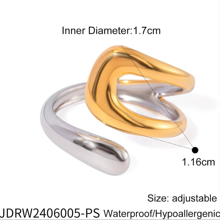 An adjustable open ring with a polished gold front band and a silver-toned curved band, shown with measurement callouts reading &