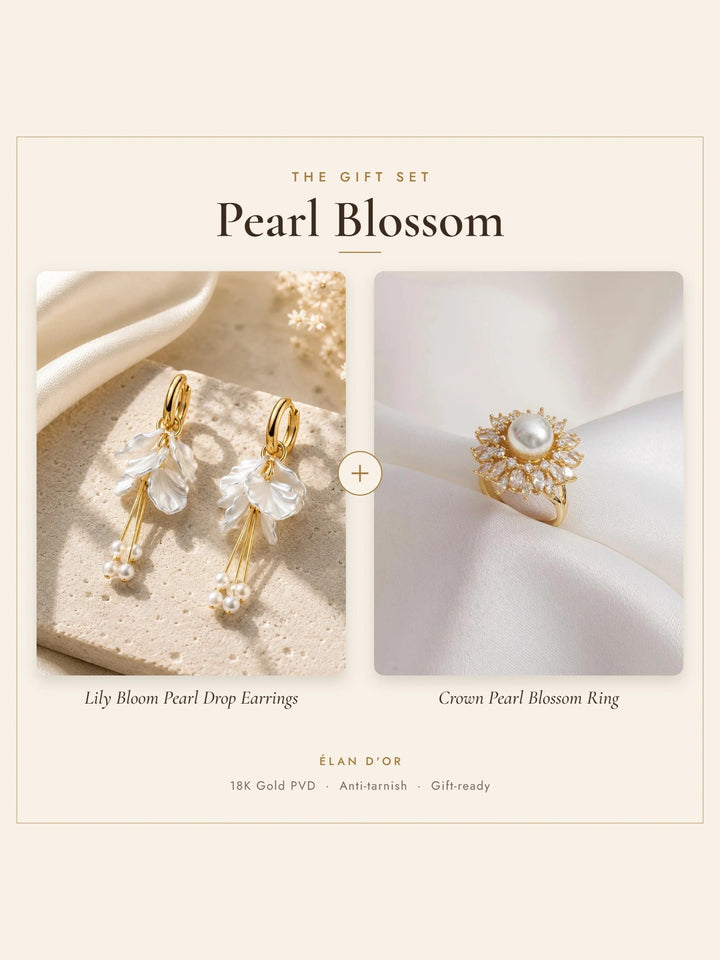 Pearl Blossom Gift Set – Lily Bloom Pearl Drop Earrings and Crown Pearl Blossom Ring