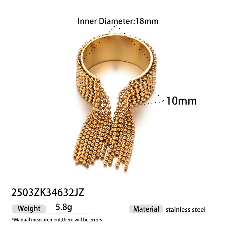Gold bracelet with measurements and details on a white background