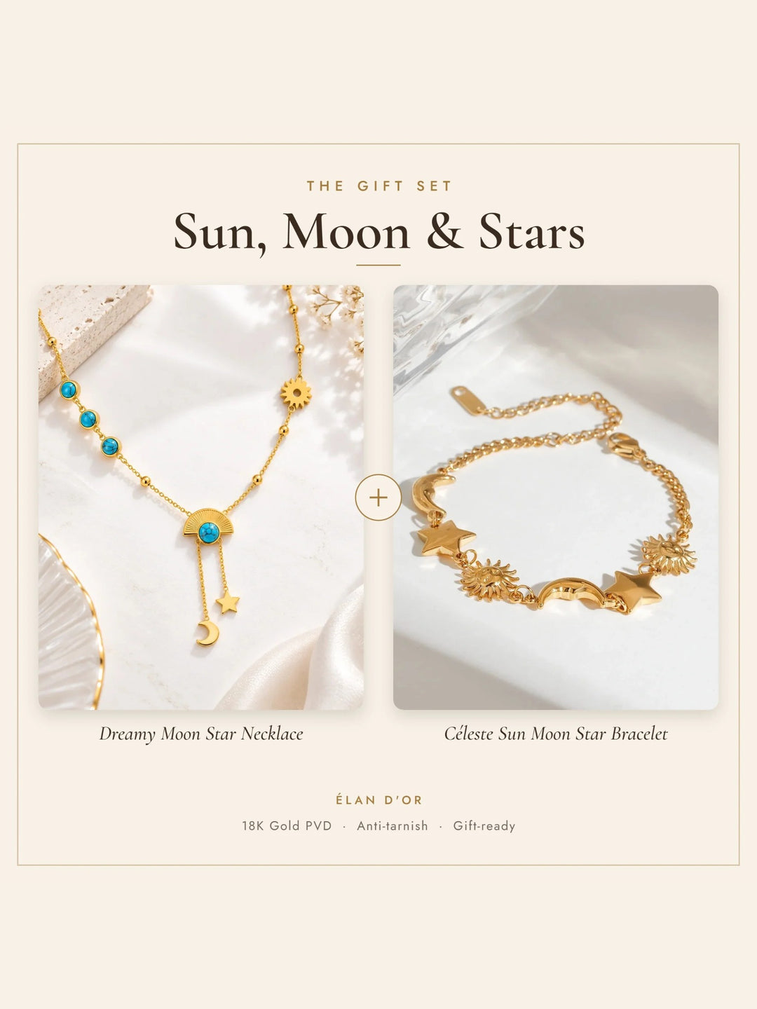 Sun, Moon &amp; Stars Gift Set – Dreamy Moon Star Necklace and Céleste Sun Moon Star Bracelet