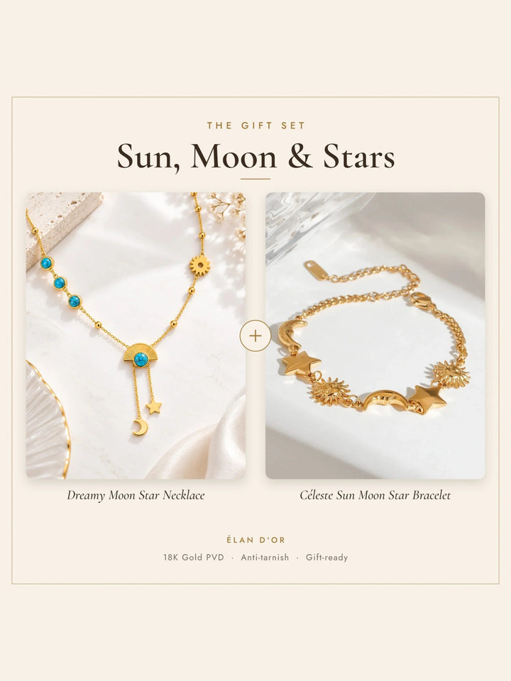 Sun, Moon &amp; Stars Gift Set – Dreamy Moon Star Necklace and Céleste Sun Moon Star Bracelet