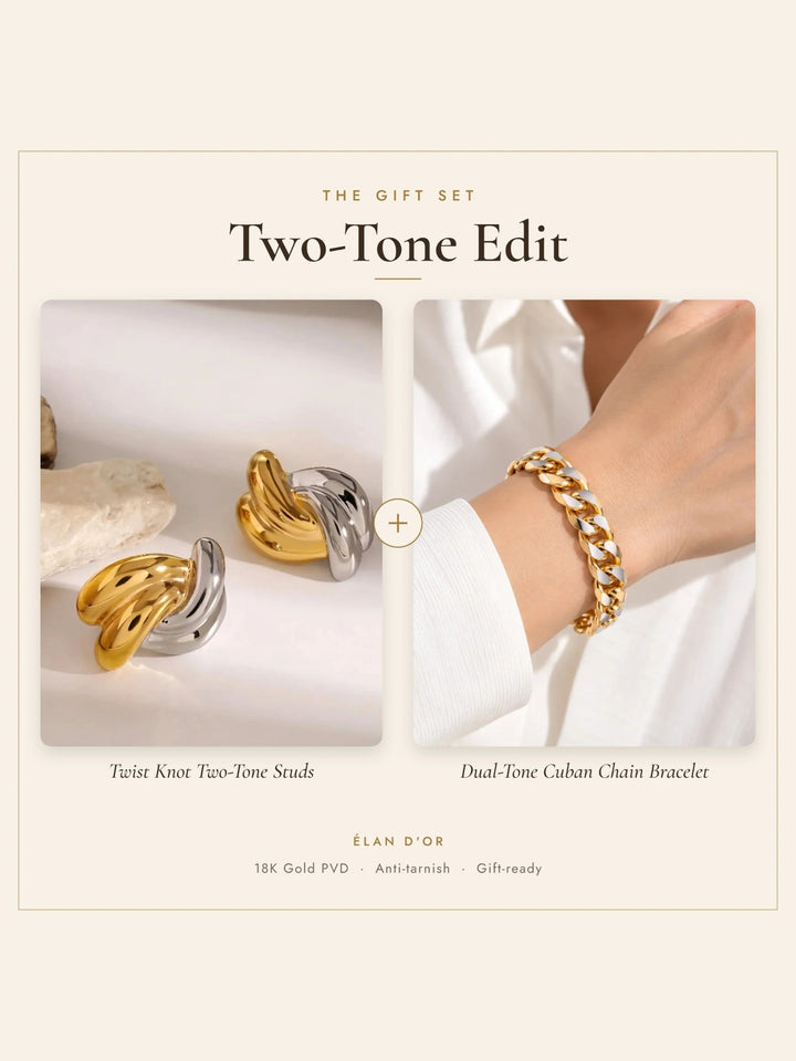 Two-Tone Edit Gift Set – Twist Knot Two-Tone Studs and Dual-Tone Cuban Chain Bracelet